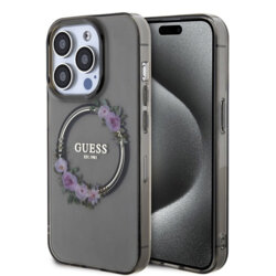 Husa iPhone 15 Pro Max originala Guess IML Flowers Wreath MagSafe, negru, GUHMP15XHFWFCK