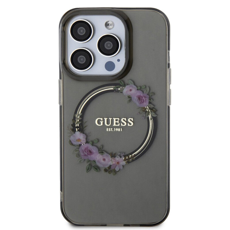 Husa iPhone 15 Pro Max originala Guess IML Flowers Wreath MagSafe, negru, GUHMP15XHFWFCK