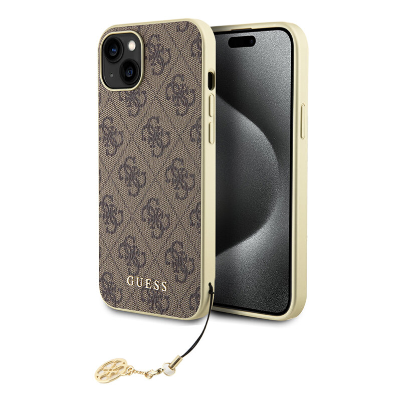 Husa originala Guess iPhone 15 Plus Hardcase 4G Charms Collection, maro, GUHCP15MGF4GBR