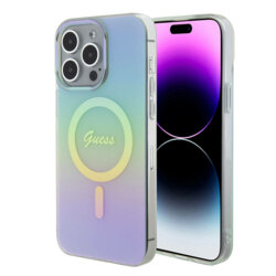 Husa iPhone 15 Pro Max originala Guess IML Iridescent MagSafe, turcoaz, GUHMP15XHITSQ