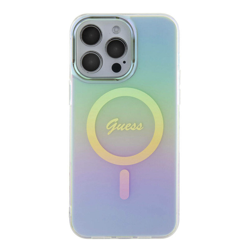 Husa iPhone 15 Pro Max originala Guess IML Iridescent MagSafe, turcoaz, GUHMP15XHITSQ