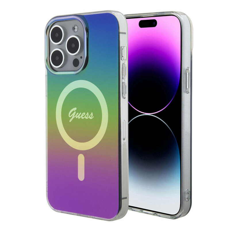 Husa iPhone 15 Pro originala Guess IML Iridescent MagSafe, multicolor, GUHMP15LHITSK