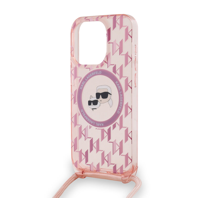 Husa iPhone 15 Pro Karl Lagerfeld IML Crossbody MagSafe, Monogram Karl&Choupette Head, roz, KLHMP15LHCKCKLCP