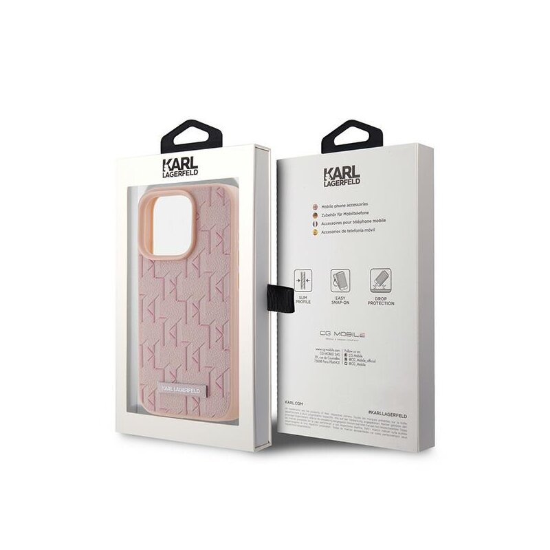Husa iPhone 15 Pro Max Karl Lagerfeld Leather MagSafe, Monogram Metal Logo, roz, KLHMP15XPKHPORPP