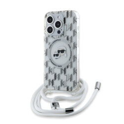 Husa iPhone 15 Pro Karl Lagerfeld IML Crossbody MagSafe, Monogram Karl&Choupette Head, transparent, KLHMP15LHCKCKLCT