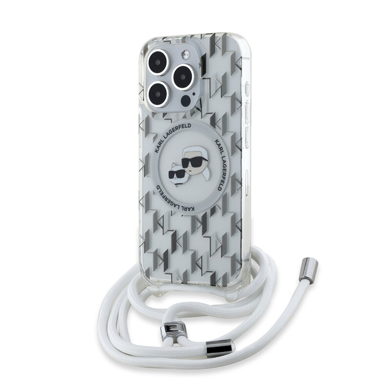 Husa iPhone 15 Pro Karl Lagerfeld IML Crossbody MagSafe, Monogram Karl&Choupette Head, transparent, KLHMP15LHCKCKLCT