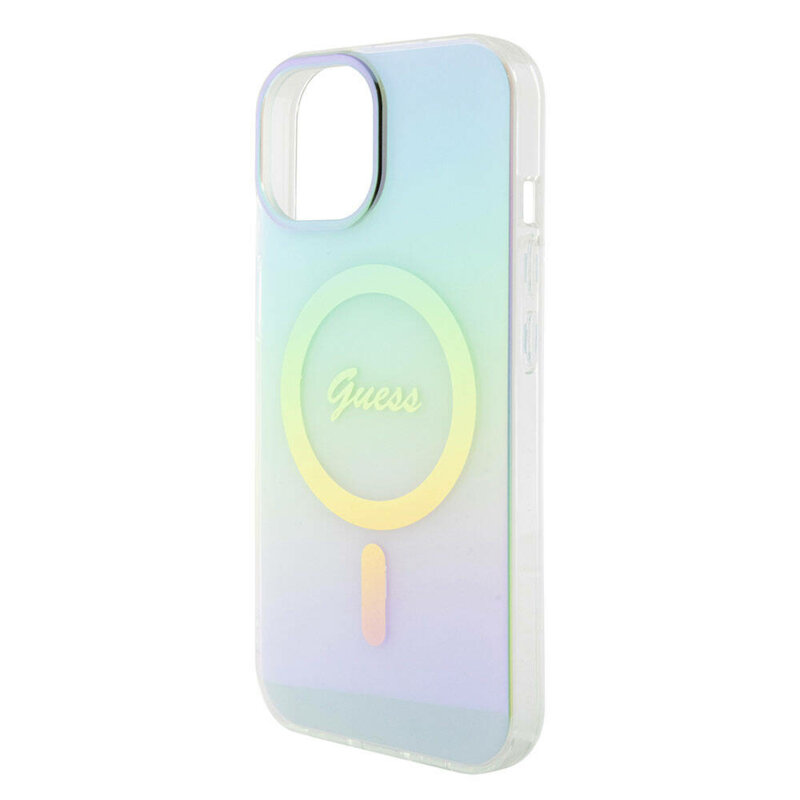 Husa iPhone 15 Plus originala Guess IML Iridescent MagSafe, turcoaz, GUHMP15MHITSQ