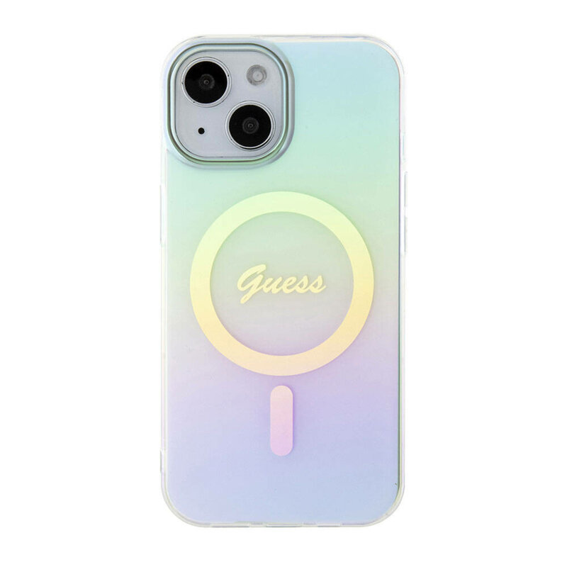 Husa iPhone 15 Plus originala Guess IML Iridescent MagSafe, turcoaz, GUHMP15MHITSQ