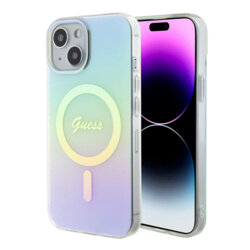 Husa iPhone 15 originala Guess IML Iridescent MagSafe, turcoaz, GUHMP15SHITSQ