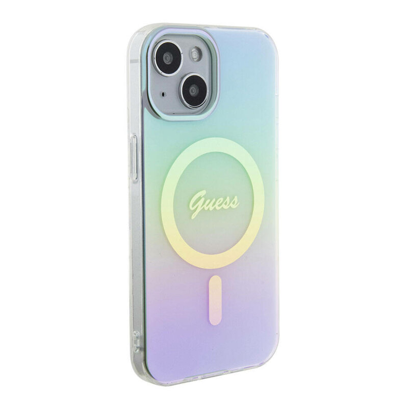 Husa iPhone 15 originala Guess IML Iridescent MagSafe, turcoaz, GUHMP15SHITSQ