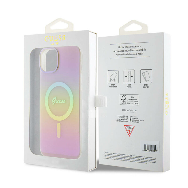 Husa iPhone 15 originala Guess IML Iridescent MagSafe, roz, GUHMP15SHITSP