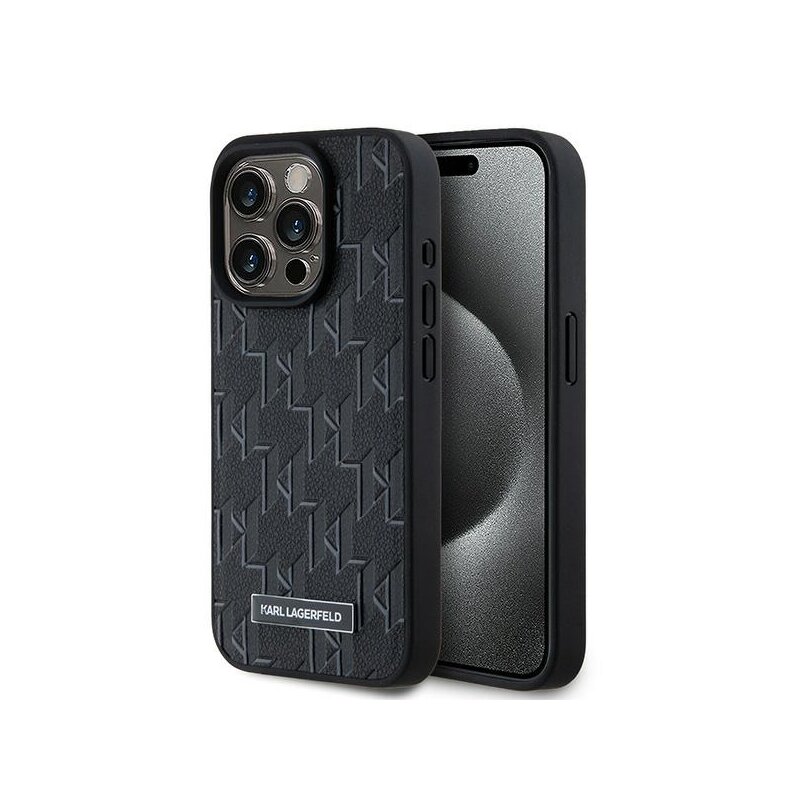 Husa iPhone 15 Pro Max Karl Lagerfeld Leather MagSafe, Monogram Metal Logo, negru, KLHMP15XPKHPORPK