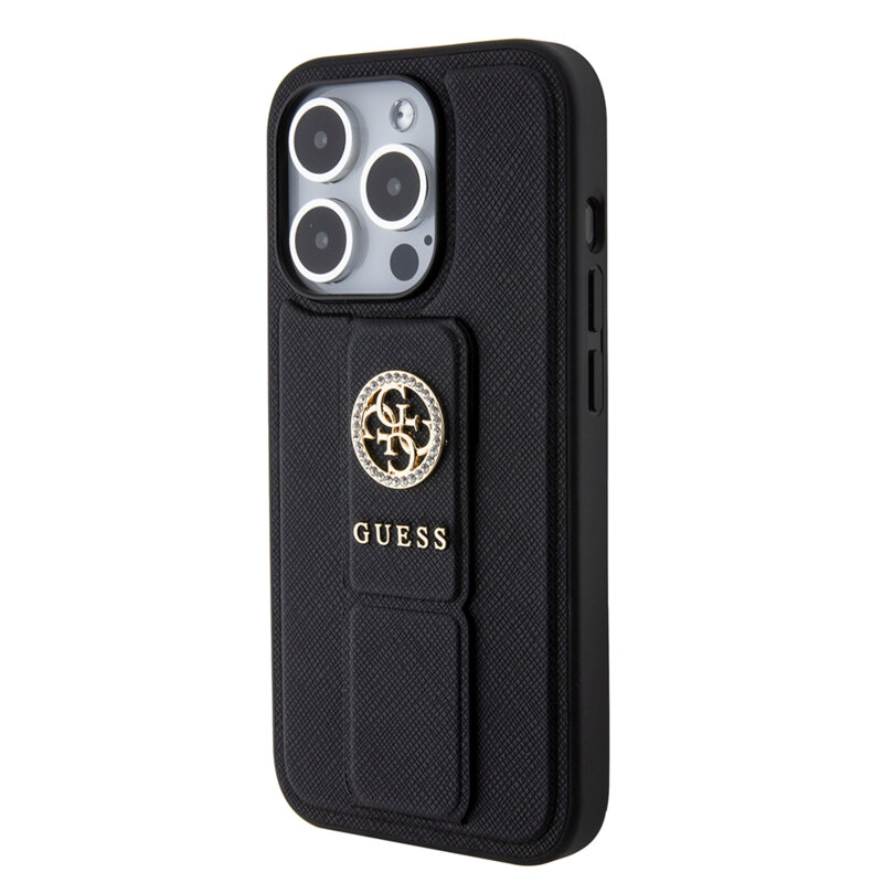 Husa iPhone 15 Pro originala Guess Grip Stand 4G Saffiano Strass, negru, GUHCP15LPGSSADK