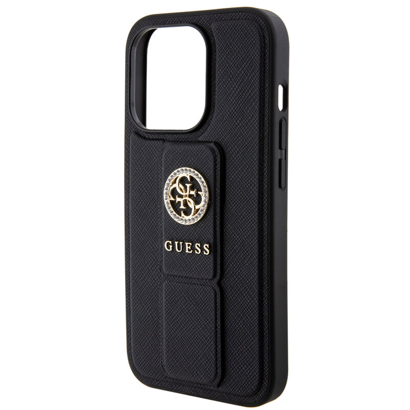 Husa iPhone 15 Pro originala Guess Grip Stand 4G Saffiano Strass, negru, GUHCP15LPGSSADK