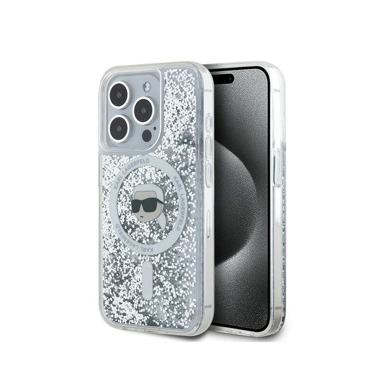 Husa Karl Lagerfeld iPhone 15 Pro Max Liquid Glitter MagSafe, Karl Head, clear, KLHMP15XLGKISGH