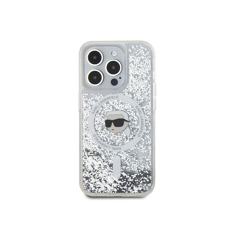 Husa Karl Lagerfeld iPhone 15 Pro Max Liquid Glitter MagSafe, Karl Head, clear, KLHMP15XLGKISGH