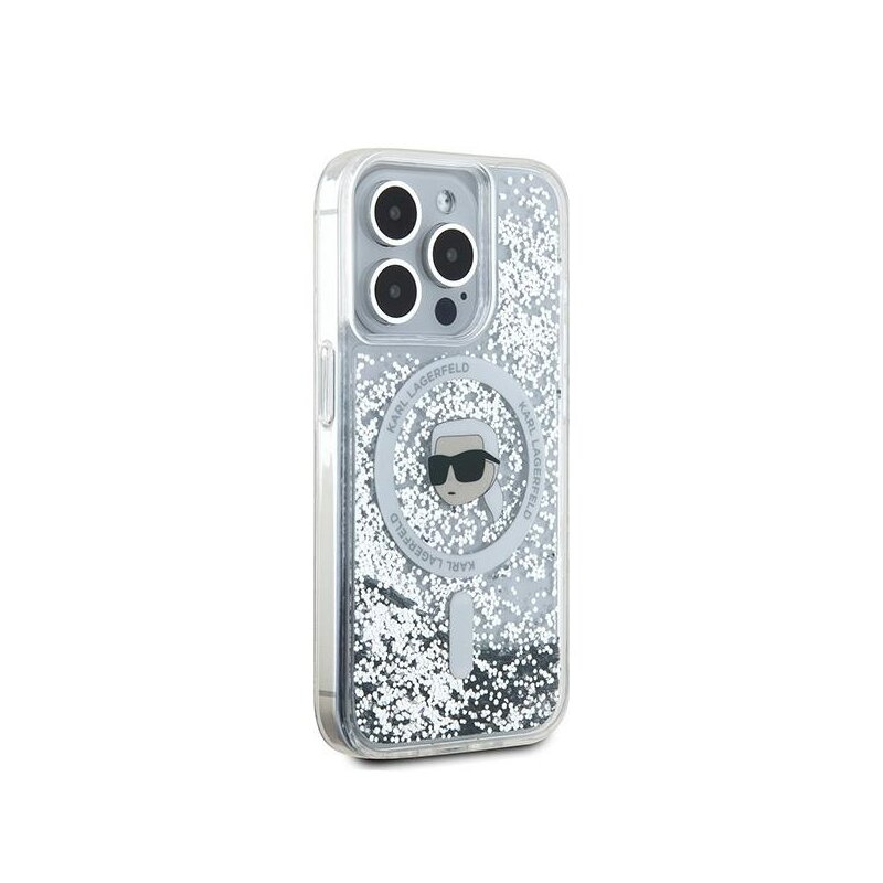Husa Karl Lagerfeld iPhone 15 Pro Max Liquid Glitter MagSafe, Karl Head, clear, KLHMP15XLGKISGH