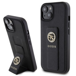 Husa iPhone 15 originala Guess Grip Stand 4G, negru, GUHCP15SPGSSADK
