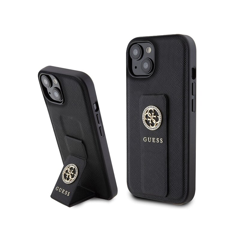 Husa iPhone 15 originala Guess Grip Stand 4G, negru, GUHCP15SPGSSADK