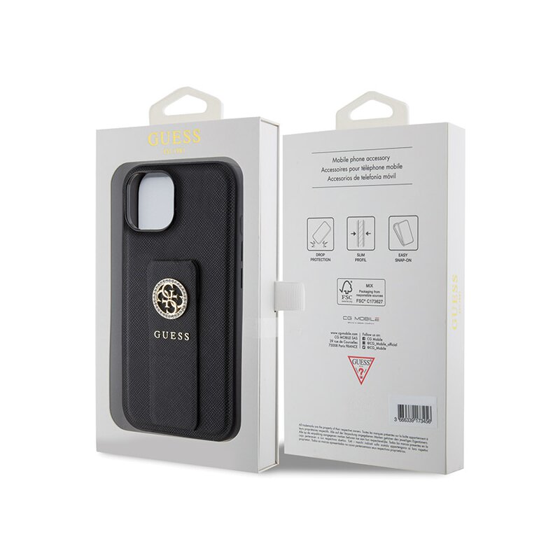 Husa iPhone 15 originala Guess Grip Stand 4G, negru, GUHCP15SPGSSADK