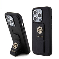 Husa iPhone 15 Pro Max originala Guess Grip Stand 4G Saffiano Strass, negru, GUHCP15XPGSSADK