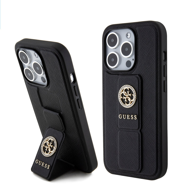 Husa iPhone 15 Pro Max originala Guess Grip Stand 4G Saffiano Strass, negru, GUHCP15XPGSSADK