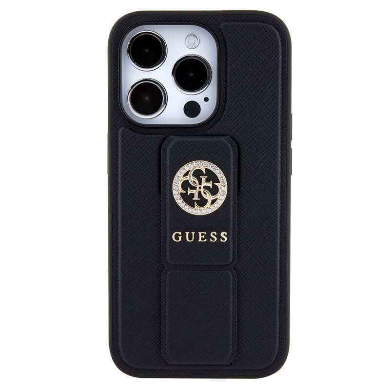 Husa iPhone 15 Pro Max originala Guess Grip Stand 4G Saffiano Strass, negru, GUHCP15XPGSSADK