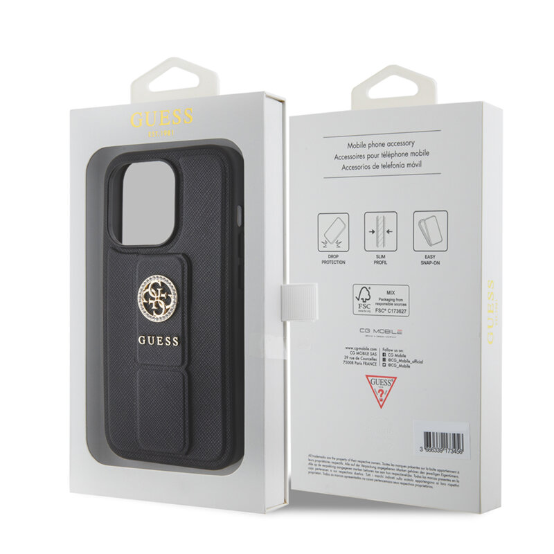 Husa iPhone 15 Pro Max originala Guess Grip Stand 4G Saffiano Strass, negru, GUHCP15XPGSSADK