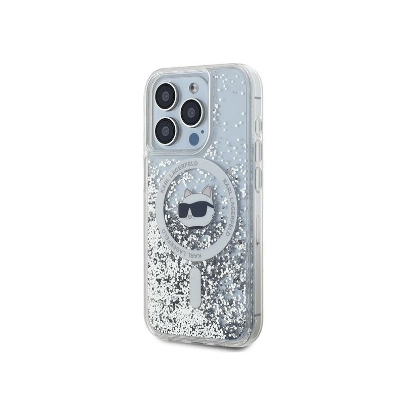 Husa Karl Lagerfeld iPhone 15 Pro Max Liquid Glitter MagSafe, Choupette Head, clear, KLHMP15XLGCHSGH