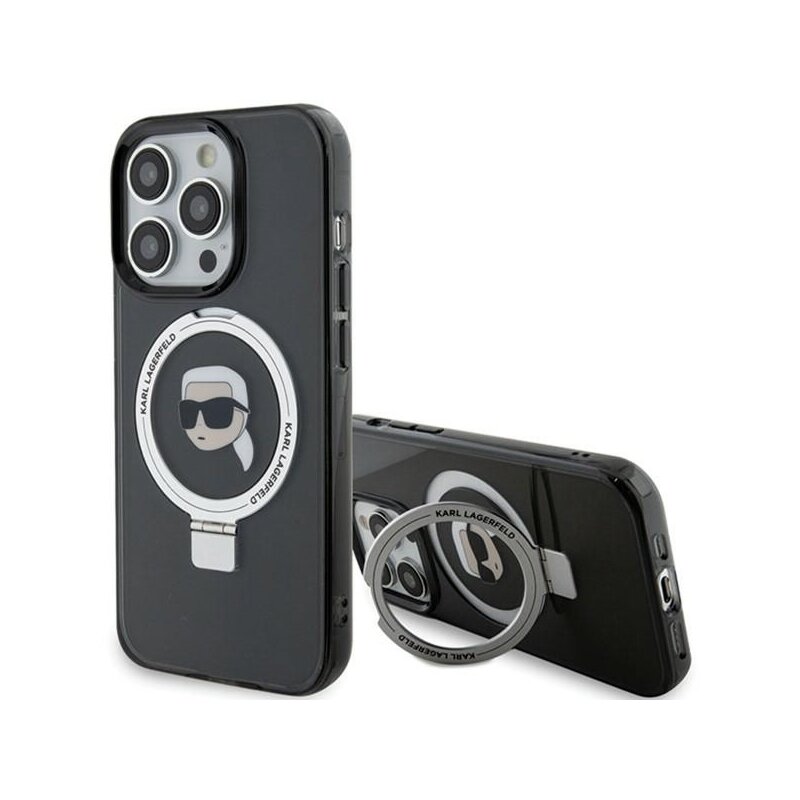 Husa iPhone 15 Pro Max Karl Lagerfeld Hardcase Ring Stand MagSafe, Karl Head, negru, KLHMP15XHMRSKHK