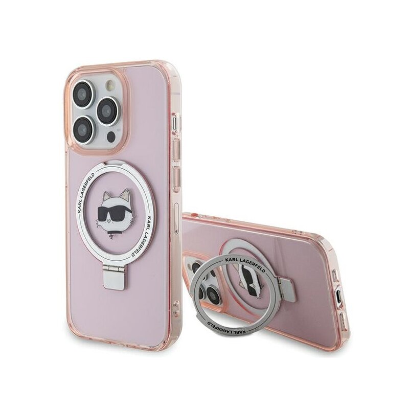 Husa iPhone 15 Pro Max Karl Lagerfeld Hardcase Ring Stand MagSafe, Choupette Head, roz, KLHMP15XHMRSCHP