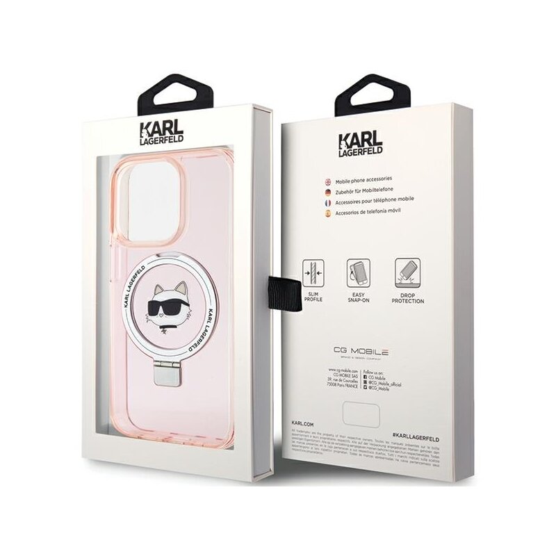 Husa iPhone 15 Pro Max Karl Lagerfeld Hardcase Ring Stand MagSafe, Choupette Head, roz, KLHMP15XHMRSCHP
