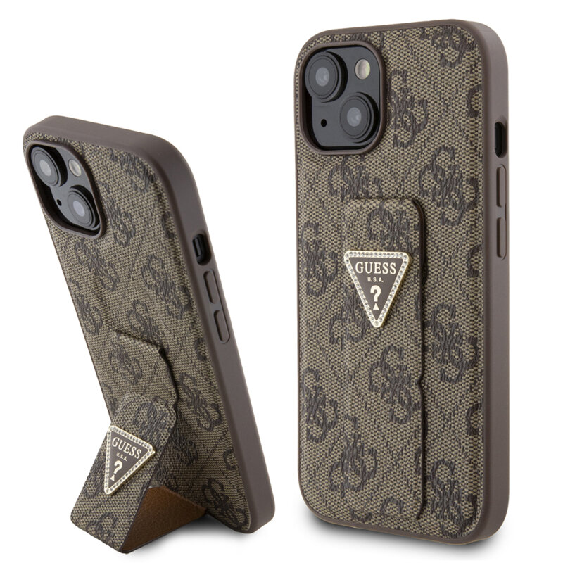 Husa iPhone 15 originala Guess Grip Stand 4G Triangle Strass, maro, GUHCP15SPGS4TDW