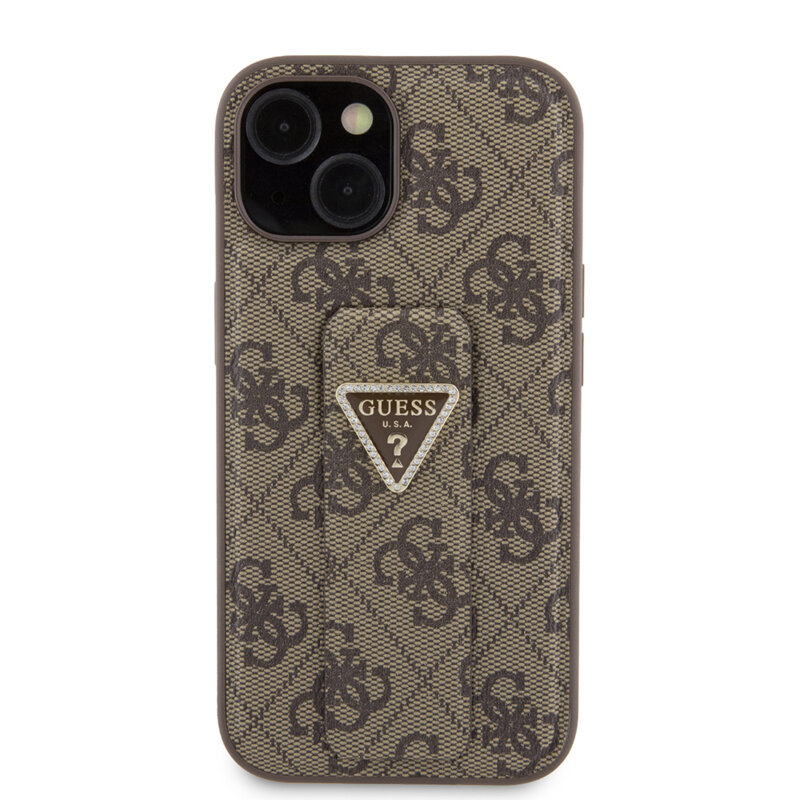 Husa iPhone 15 originala Guess Grip Stand 4G Triangle Strass, maro, GUHCP15SPGS4TDW