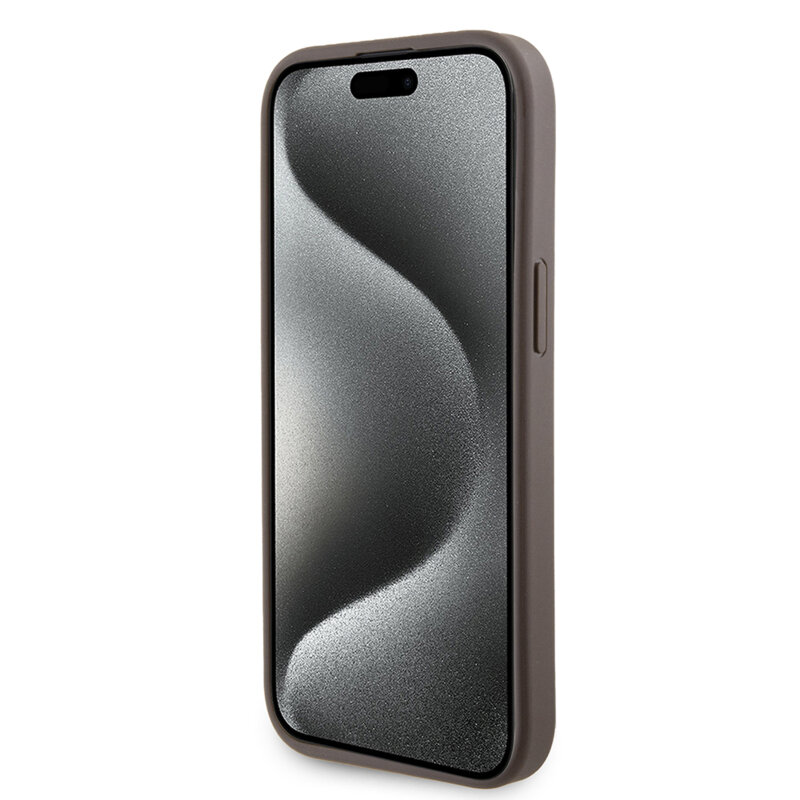 Husa iPhone 15 originala Guess Grip Stand 4G Triangle Strass, maro, GUHCP15SPGS4TDW
