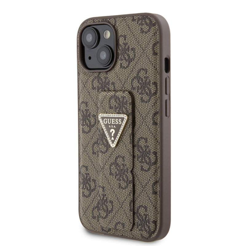 Husa iPhone 15 originala Guess Grip Stand 4G Triangle Strass, maro, GUHCP15SPGS4TDW
