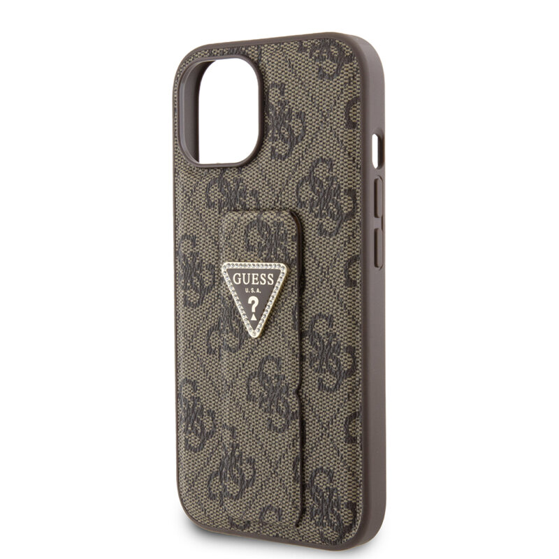 Husa iPhone 15 originala Guess Grip Stand 4G Triangle Strass, maro, GUHCP15SPGS4TDW