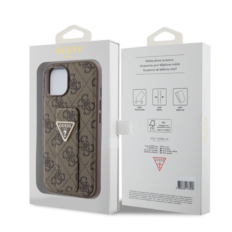 Husa iPhone 15 originala Guess Grip Stand 4G Triangle Strass, maro, GUHCP15SPGS4TDW