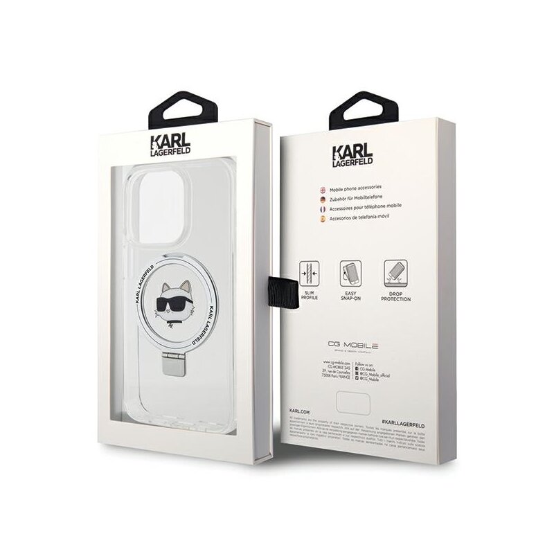 Husa iPhone 15 Pro Max Karl Lagerfeld Hardcase Ring Stand MagSafe, Choupette Head, alb, KLHMP15XHMRSCHH