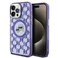 Husa iPhone 15 Pro Max Karl Lagerfeld IML MagSafe, Monogram Karl&Choupette Head, mov, KLHMP15XHMCKMHU