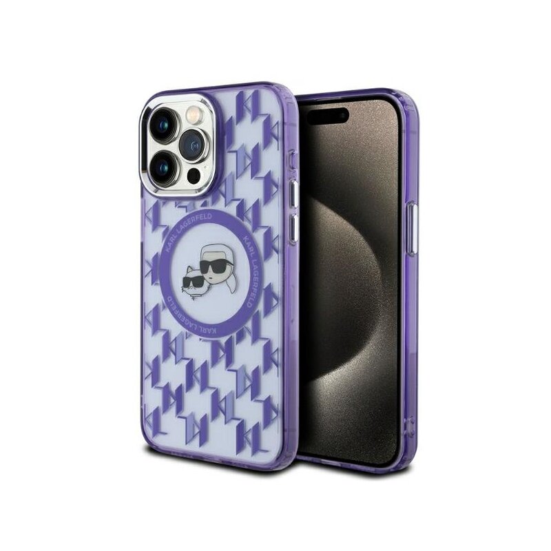Husa iPhone 15 Pro Max Karl Lagerfeld IML MagSafe, Monogram Karl&Choupette Head, mov, KLHMP15XHMCKMHU