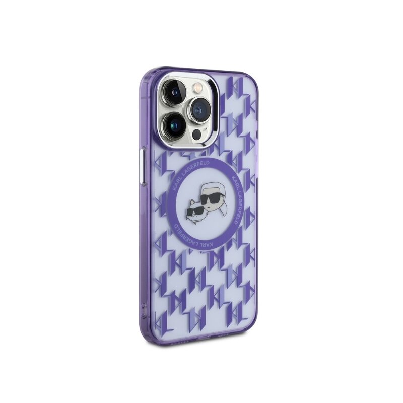 Husa iPhone 15 Pro Max Karl Lagerfeld IML MagSafe, Monogram Karl&Choupette Head, mov, KLHMP15XHMCKMHU