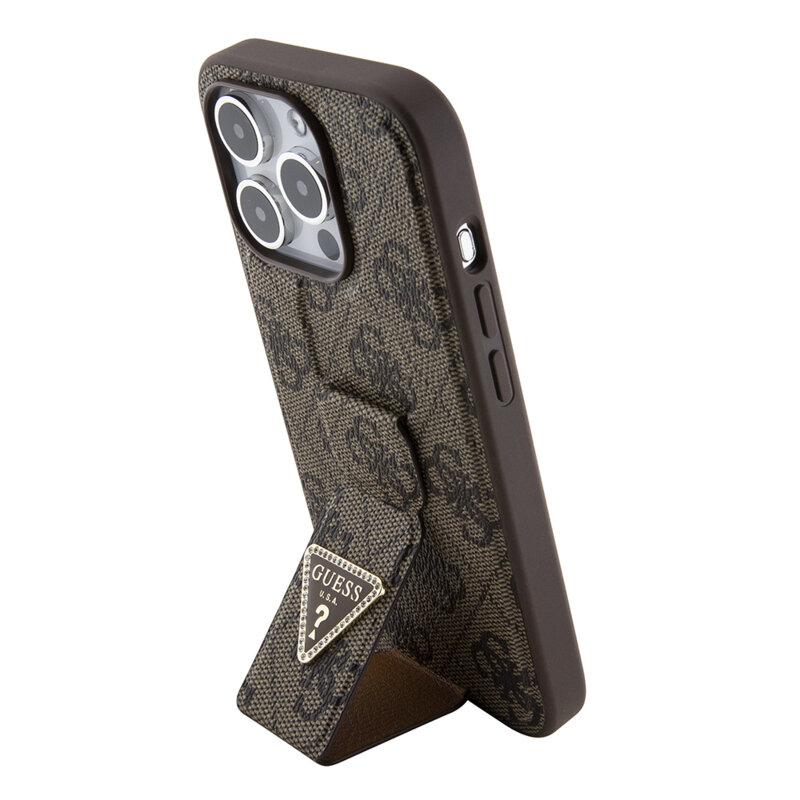 Husa iPhone 15 Pro originala Guess Grip Stand 4G Triangle Strass, maro, GUHCP15LPGS4TDW