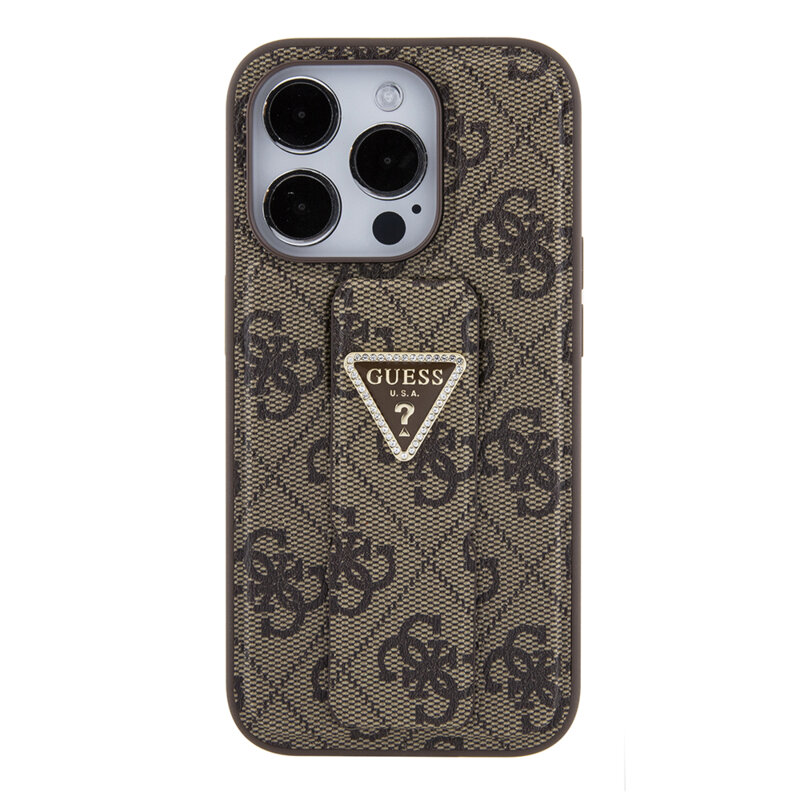 Husa iPhone 15 Pro originala Guess Grip Stand 4G Triangle Strass, maro, GUHCP15LPGS4TDW