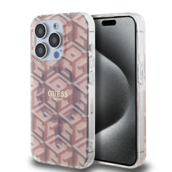 Husa iPhone 15 Pro Max originala Guess IML GCube MagSafe, roz, GUHMP15XHGCUSTGP
