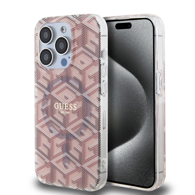 Husa iPhone 15 Pro Max originala Guess IML GCube MagSafe, roz, GUHMP15XHGCUSTGP