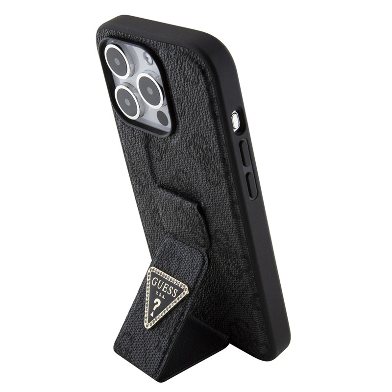 Husa iPhone 15 Pro originala Guess Grip Stand 4G Triangle Strass, negru, GUHCP15LPGS4TDK
