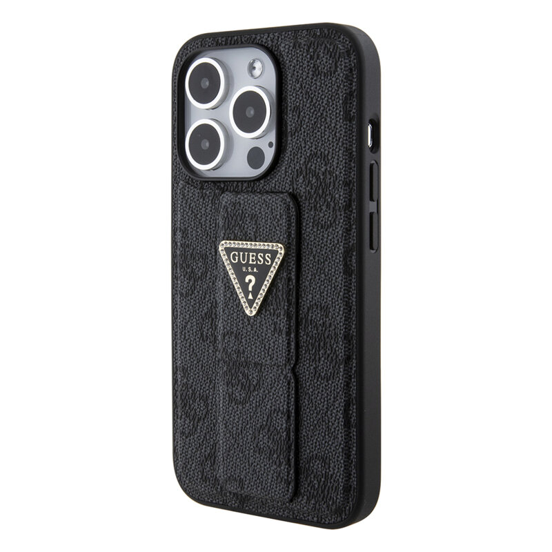 Husa iPhone 15 Pro Max originala Guess Grip Stand 4G Triangle Strass, negru, GUHCP15XPGS4TDK