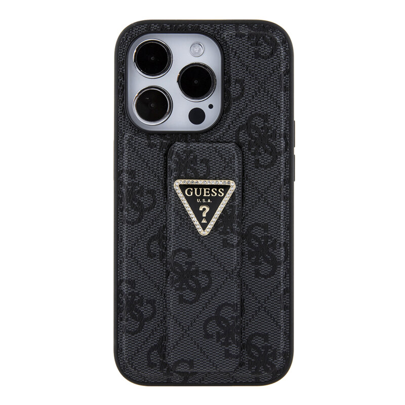 Husa iPhone 15 Pro Max originala Guess Grip Stand 4G Triangle Strass, negru, GUHCP15XPGS4TDK