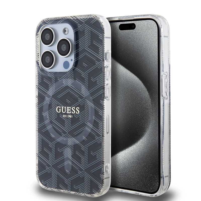 Husa iPhone 15 Pro Max originala Guess IML GCube MagSafe, negru, GUHMP15XHGCUSTGK